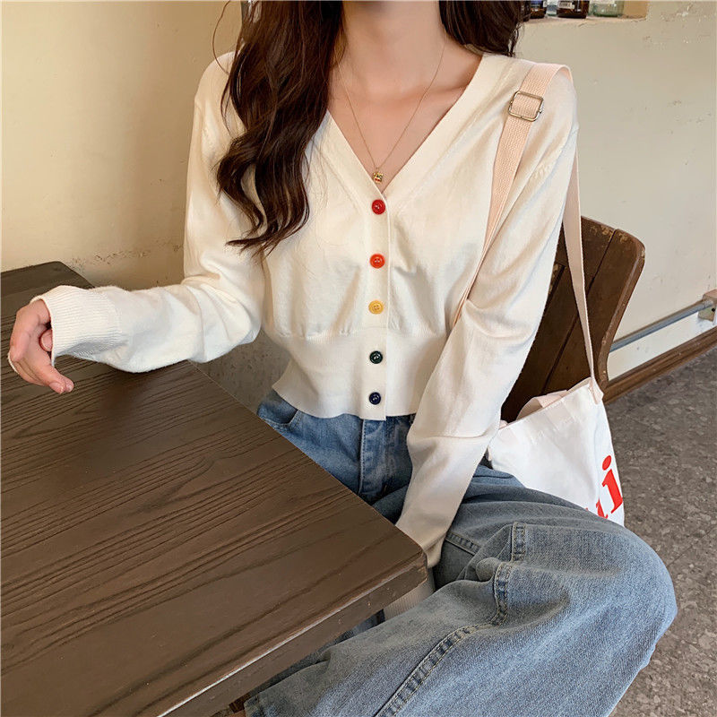 Spring short knitted cardigan top female student all-match air-conditioning shirt female thin section outer wear t-shirt long-sleeved sweater female