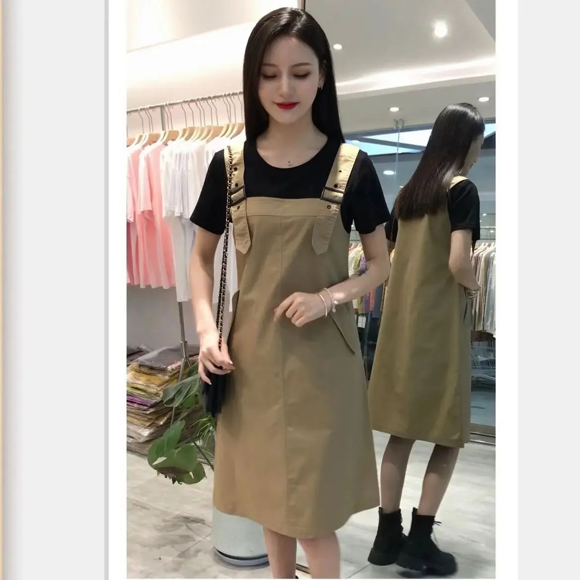 Fashion suspender dress women's summer 2023 new style cover belly and look thin fake two-piece short-sleeved mid-length casual skirt
