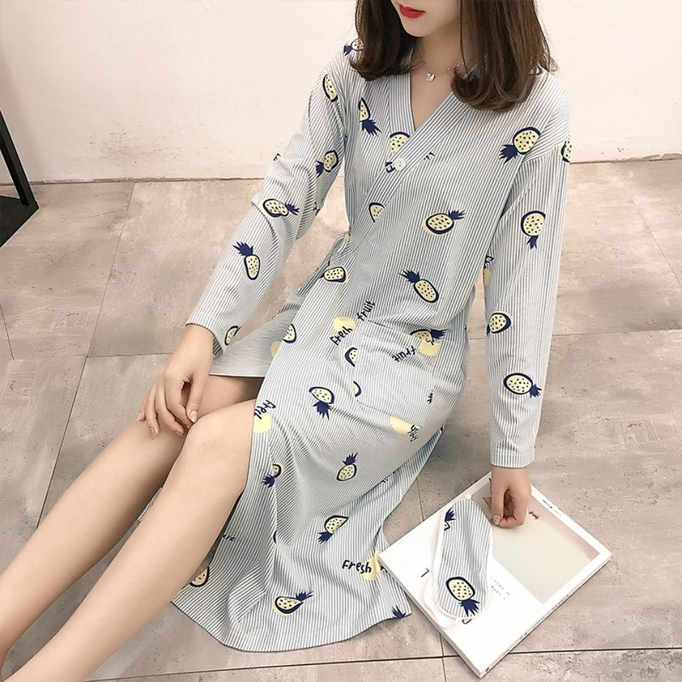Kimono bathrobe pajamas women's winter and autumn long-sleeved nightdress yukata Japanese-style tie-up nightgown women's spring and autumn sexy mid-length