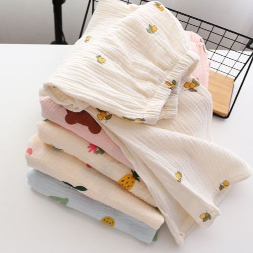 Pajama pants women's spring and autumn pure cotton double-layer gauze cotton crepe simple fresh casual loose home pants pocket trousers