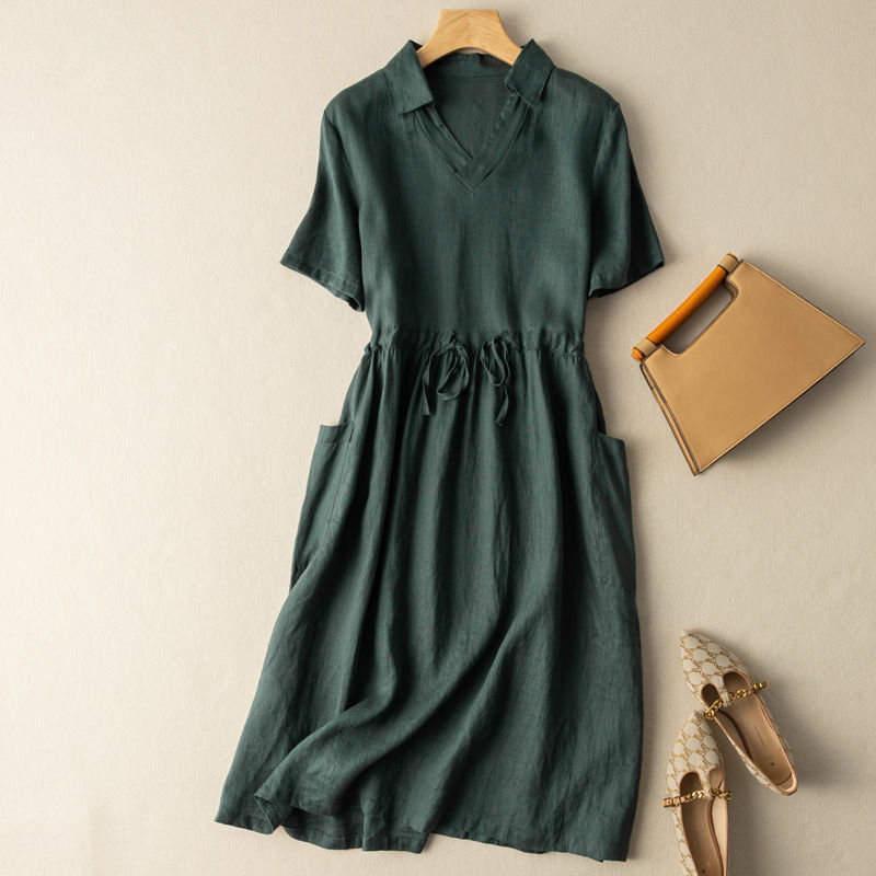 Short-sleeved pure cotton dress women's high-waist drape cotton literary shirt skirt loose high-end sense thin 2023 summer new style