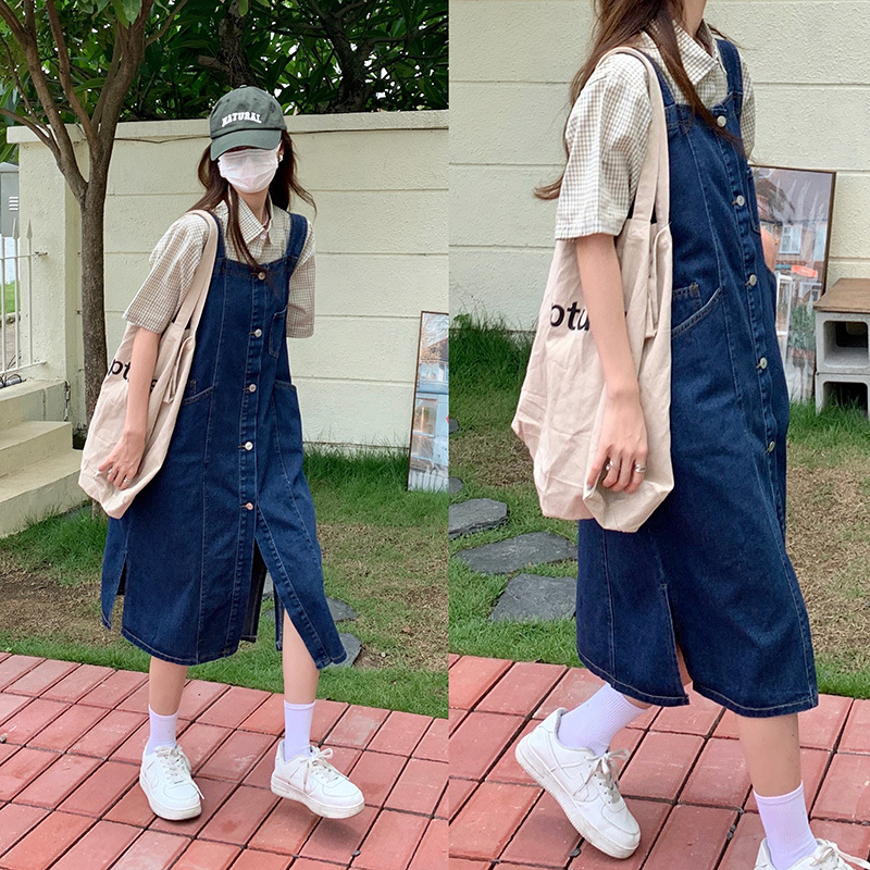 Real shot real price retro multi-pocket denim suspender skirt women's design sense retro mid-length knee-length slit dress
