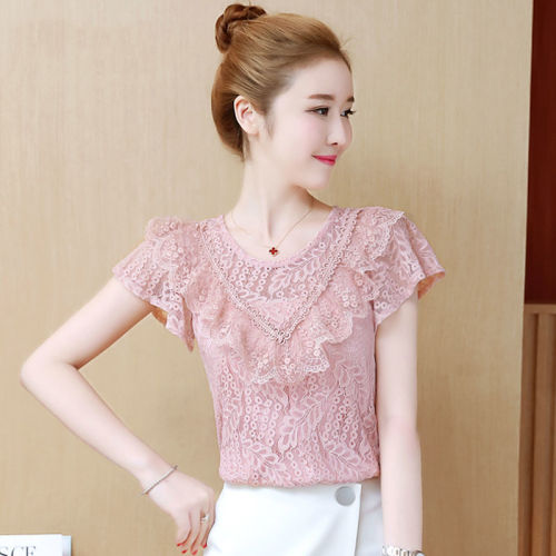 Belly-covering chiffon shirt short-sleeved summer dress 2023 new foreign style sweet lace top super fairy hollow bottoming shirt for women