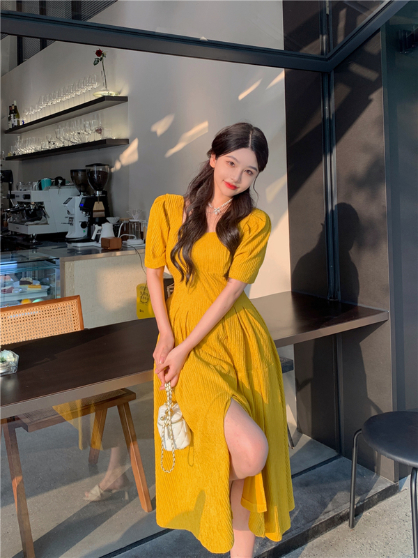 Spot real price bowknot puff sleeve dress temperament square collar waist high-quality long skirt
