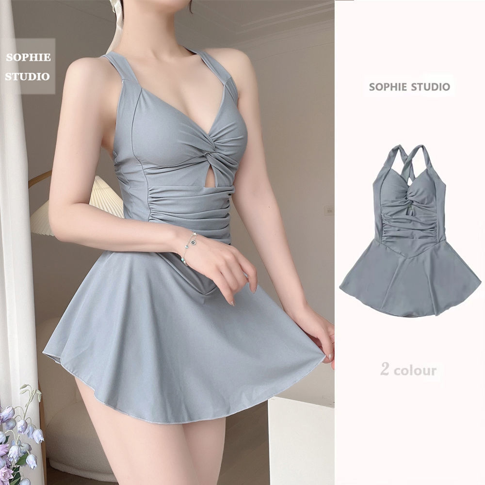 2022 women's swimsuit one-piece skirt style small chest gather conservative slimming cover belly ins style v-neck hot spring sexy