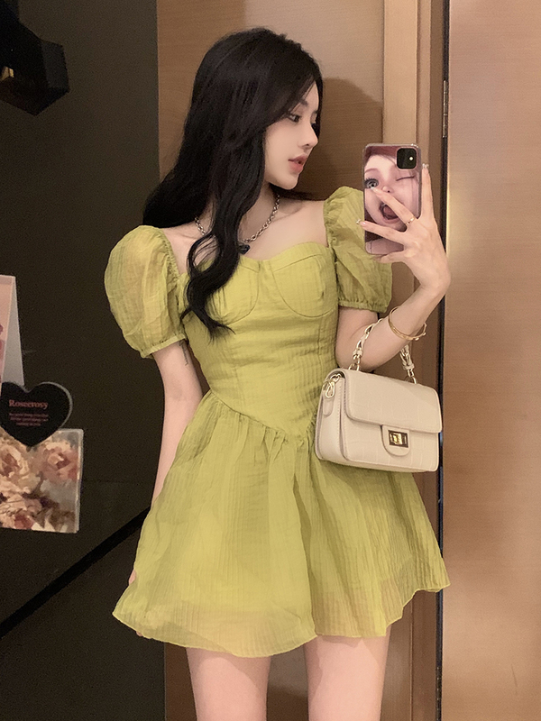 Real price real price French square collar puff sleeves pleated waist slimming dress women