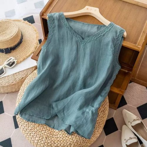 Pure cotton imitation cotton linen summer new retro small vest embroidered loose sleeveless top temperament wearing outside and wearing suspenders