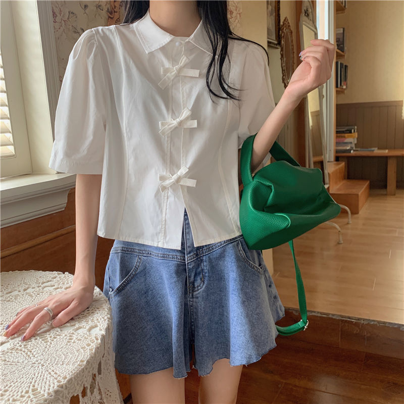 Korean style white short-sleeved shirt female design sense niche retro sweet tie puff sleeve shirt chic top female