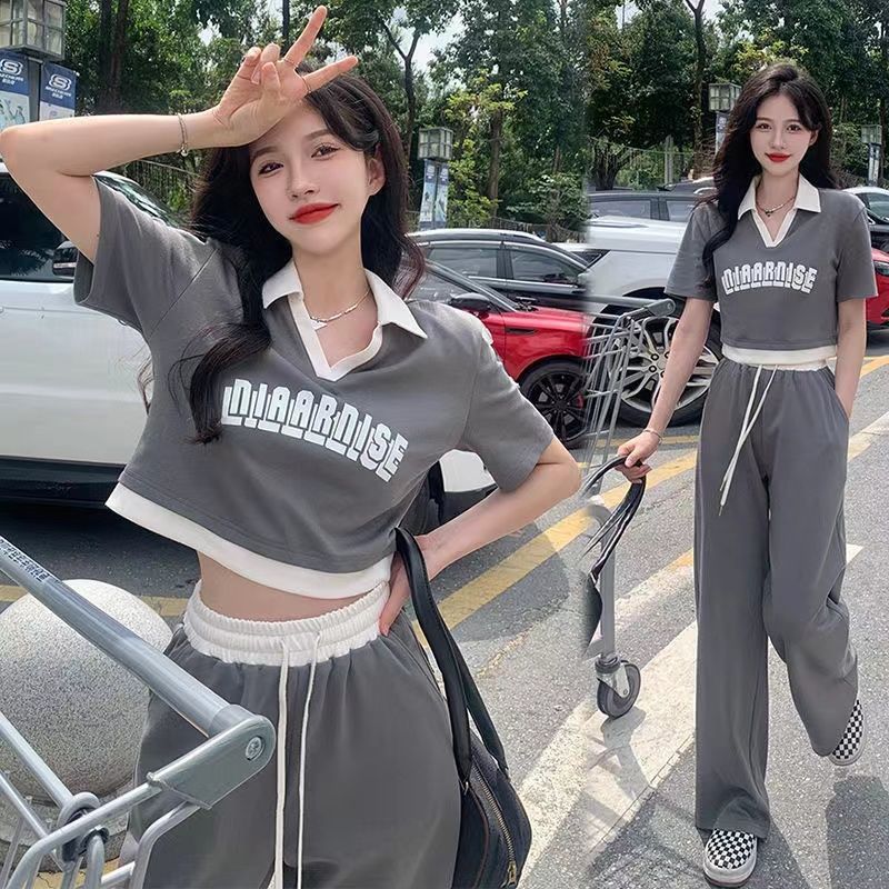 Student sports and leisure suit summer sweet and spicy polo collar short-sleeved top + drape trousers fashion two-piece set for women
