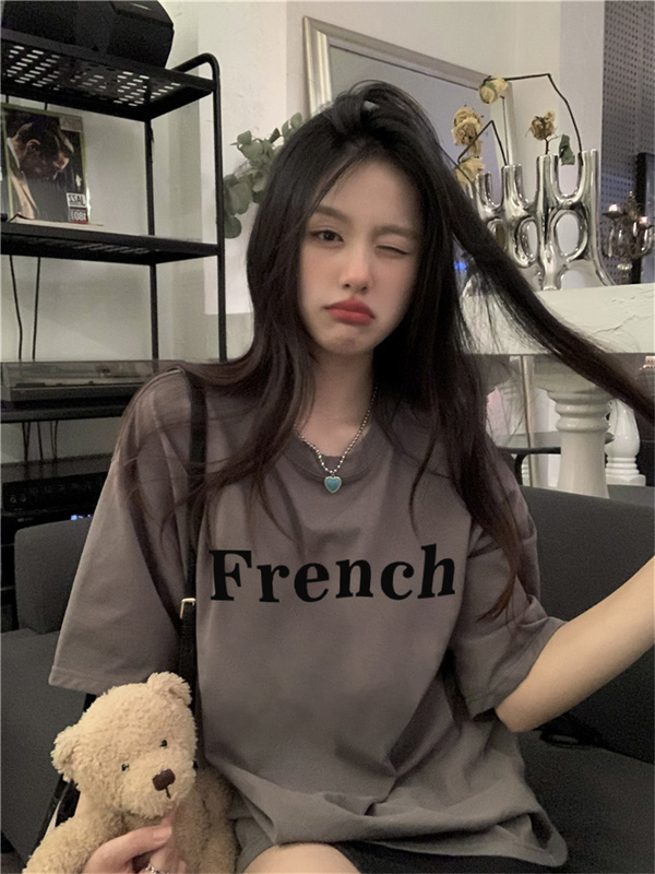 Real shot Amoi pure cotton all-match loose printed letters Qinglu short-sleeved top trendy