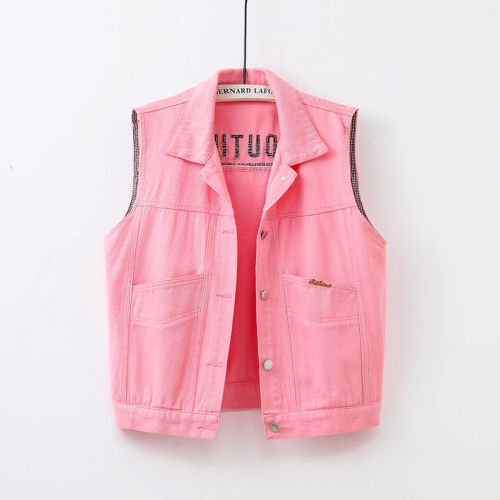 New color denim vest women's short all-match slim fit embroidered sleeveless jacket ripped cardigan top spring