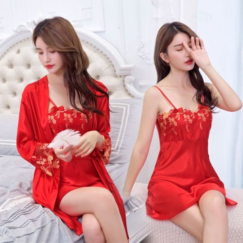 Sexy red pajamas women's summer silk nightdress suspenders long-sleeved nightgown Korean version spring and autumn bride temptation bathrobe women