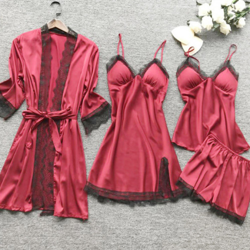 New sexy split suspender pajamas set Sexy lace lace with chest pad four-piece home clothes