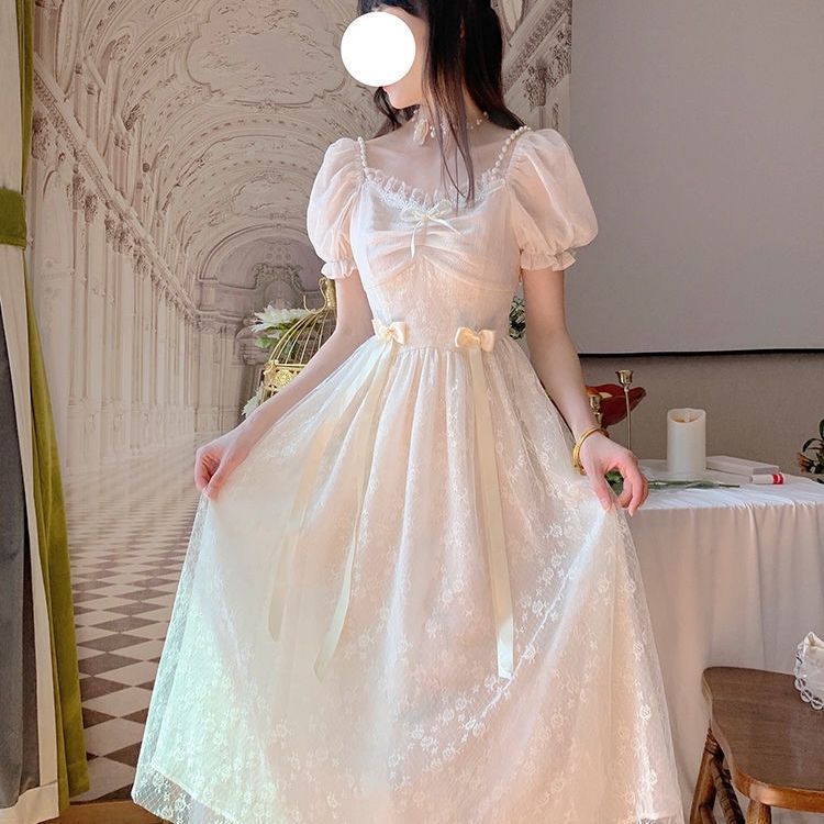 New Summer Soft Fog Moonlight Pearl Bow Knot Puff Sleeves Lace Trim French Forest Fairy Dress