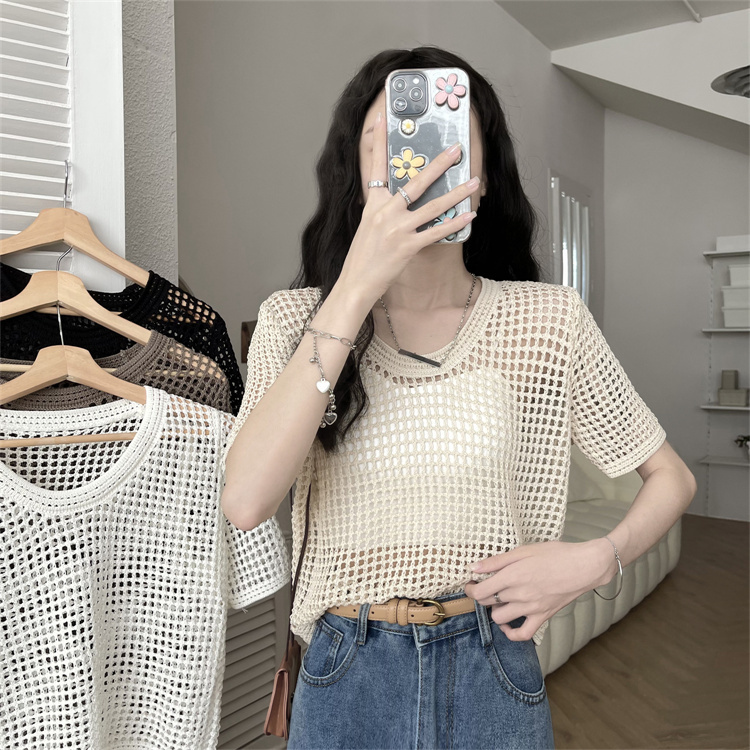 Real price solid color short-sleeved t-shirt women's summer loose hollow ice silk knitted anti-sunshine blouse tide