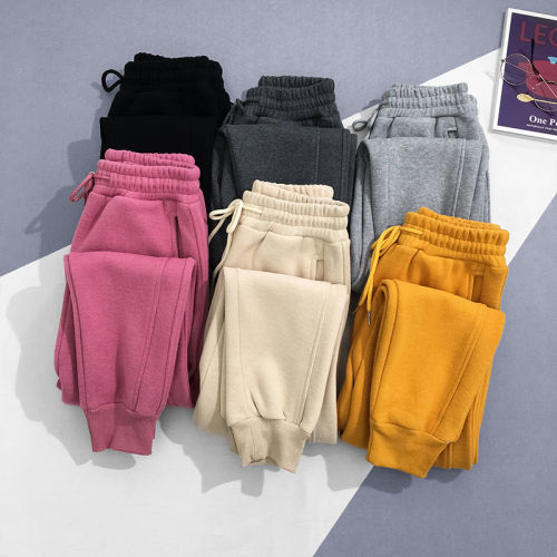 Women's autumn and winter new pure cotton thickened Korean version of loose and thin sweatpants casual harem pants with fleece and feet