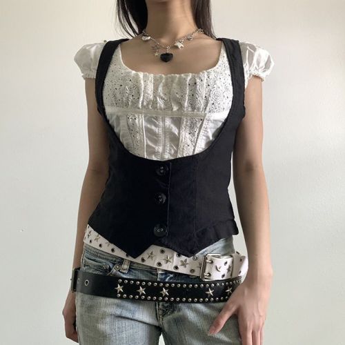 Rapcopter American-style basic layered vest vest women's short button slim fit and thin outerwear hot girl top