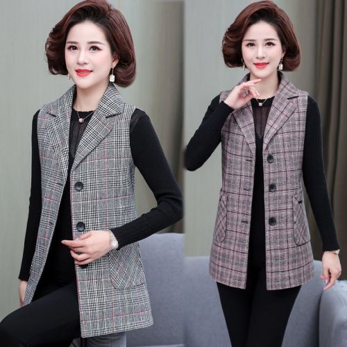 Plaid vest ladies mid-length single-breasted spring and autumn coat middle-aged mother's vest waistcoat sleeveless top coat