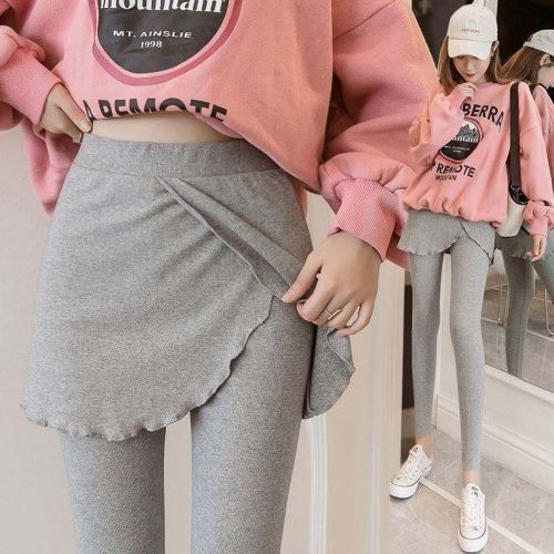 Fake two-piece bag hip culottes large size cotton leggings women's high waist outerwear spring and autumn hakama tight elastic small feet nine points