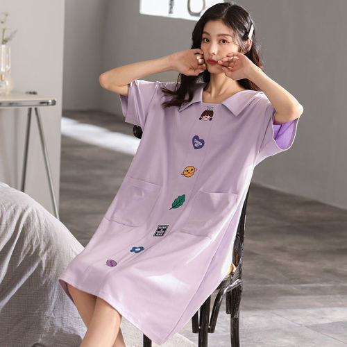 Pure cotton summer girl princess wind student nightdress plus size home service short-sleeved suit long skirt Korean version