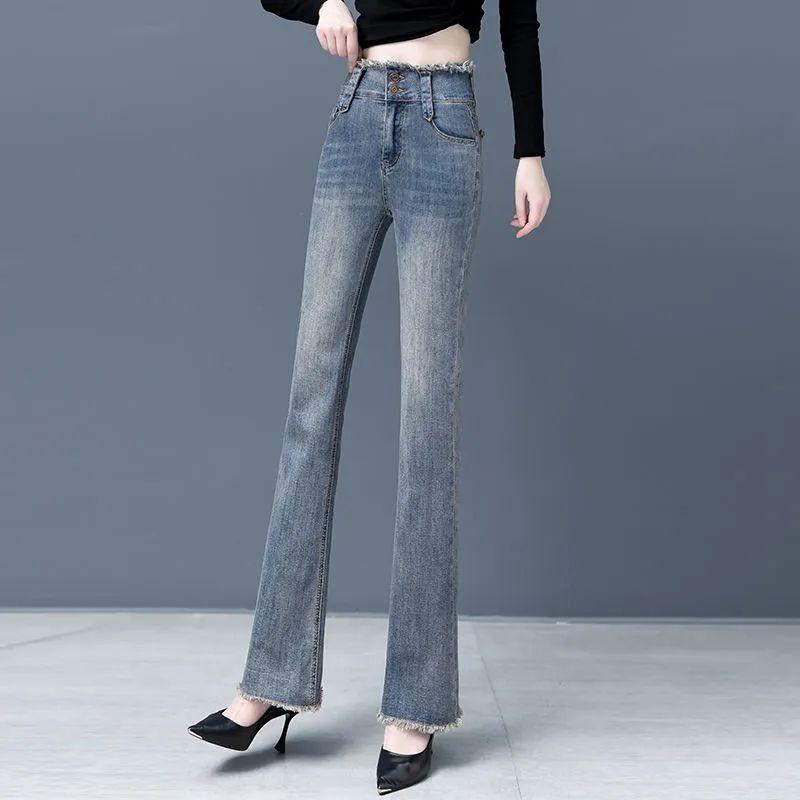 Raw edge high waist jeans women's spring and autumn new elastic large size slimming fashion micro boot pants slim retro wide leg pants