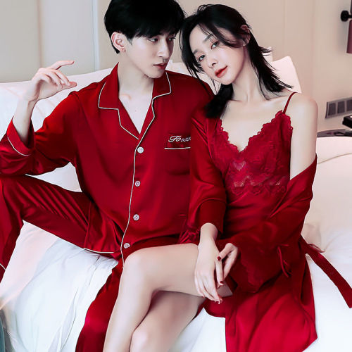 Wedding couple ice silk pajamas spring and summer long-sleeved men's suits feminine lace lace silk suspenders home clothes