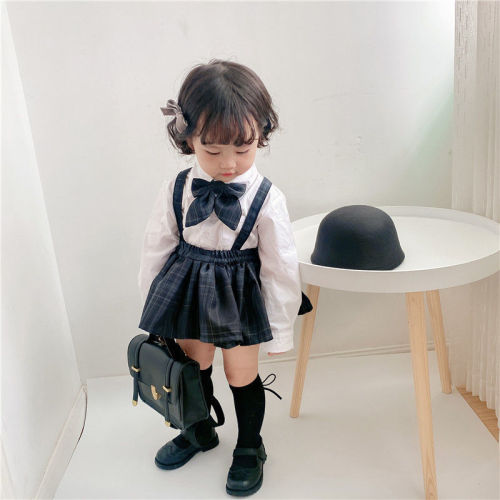 Girls' college style JK clothes can be worn in four seasons, baby girl's pleated suspender skirt, children's spring and autumn long sleeves, two-dimensional children