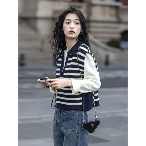 Striped knitted vest women's  new autumn sleeveless outer polo collar layered sweater vest short top