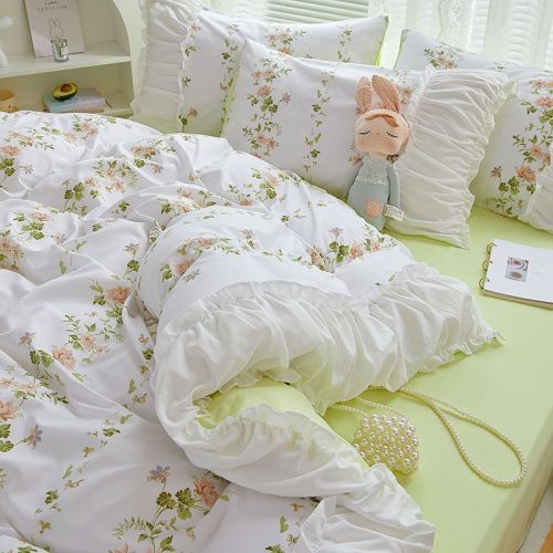 Korean style lace washed cotton bed sheet four-piece set princess style bed skirt small floral quilt cover dormitory bed sheet three-piece set