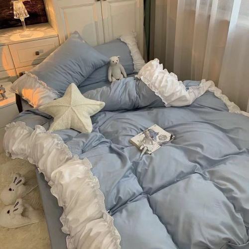 Korean ins blue princess style lace quilt cover bed skirt four-piece set girl heart bed sheet student dormitory three-piece set