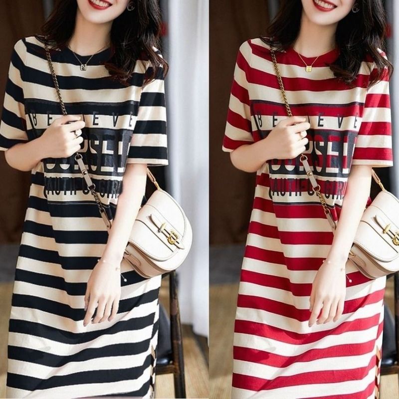 Cross-border summer loose slim striped printed T-shirt dress women's Korean version of the long section fairy skirt tide