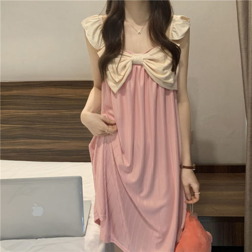 Sweet and lovely nightdress female summer new niche design bow lotus leaf sleeve loose girl pajamas set