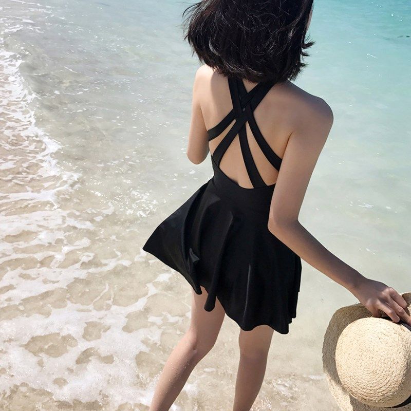 Swimsuit women's open back sexy one-piece skirt cover belly slimming conservative boxer ins student summer swimsuit