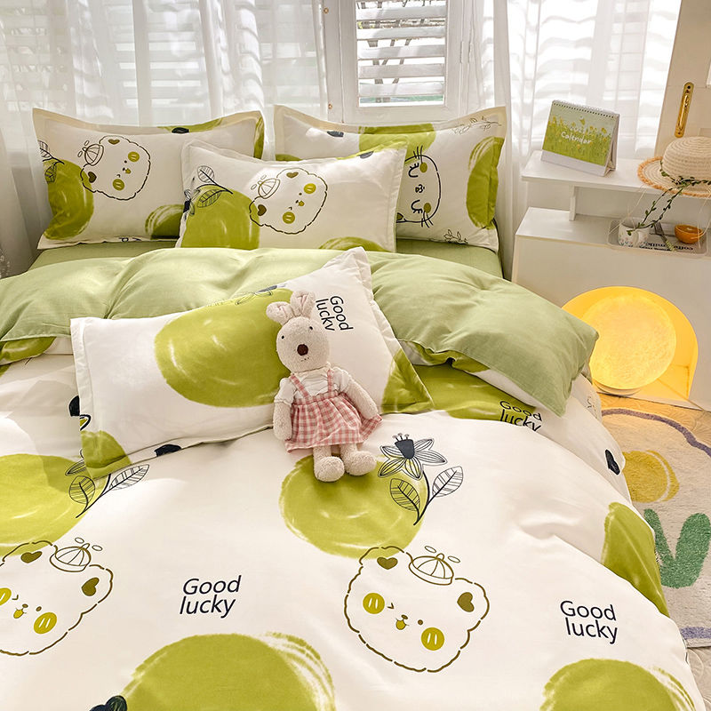 Four seasons pure brushed four-piece skin-friendly cotton bed sheet double quilt cover student dormitory single three-piece bedding