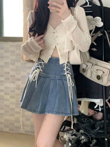 Pure Desire Wind Sweet and Spicy Summer Fashion Suit Women's Sunscreen Knitted Cardigan Halter Neck Strap Denim Skirt Three-piece Set