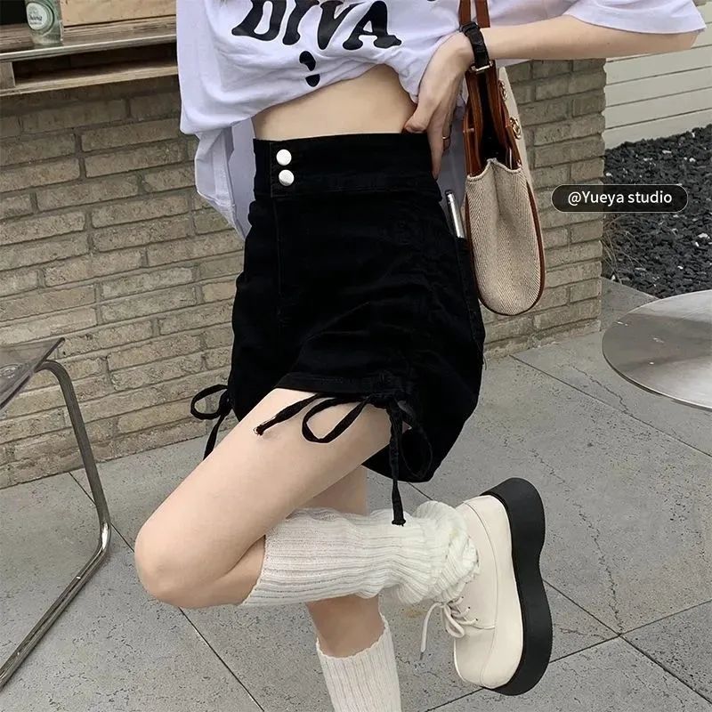 Drawstring denim shorts women's summer loose Korean version 2022 new design hot girl high waist slim a-line hot pants women
