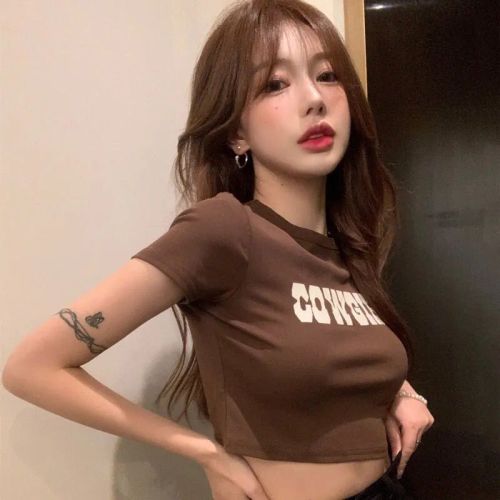 Cotton-containing short-sleeved t-shirt women's summer thin section short section high waist exposed navel thin bottoming shirt pure desire top ins tide