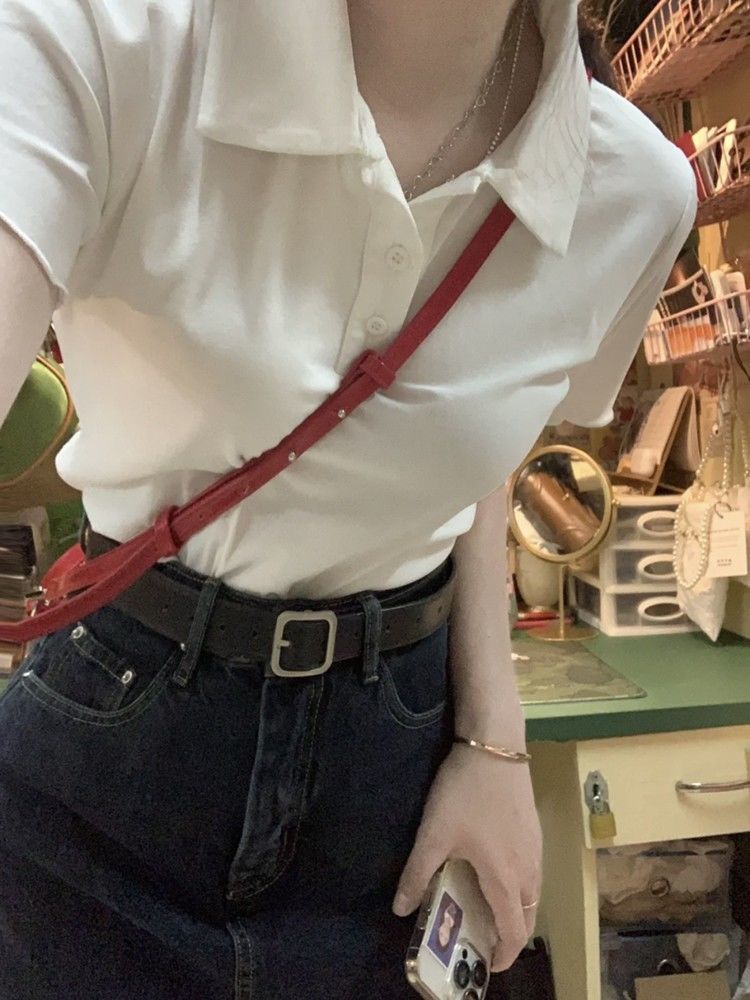 Retro lapel front shoulder T-shirt women's short-sleeved design sense niche summer new slim slim POLO shirt top ins