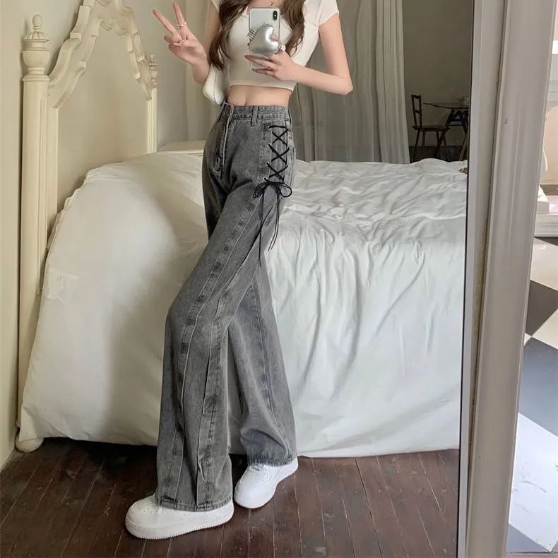 Design sense niche bandage jeans women 2022 spring and summer high waist loose straight high street ins trendy wide leg pants