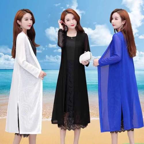 Ice silk mesh shawl long section slit over the knee all-match cardigan breathable thin section outside with loose coat sun protection clothing women