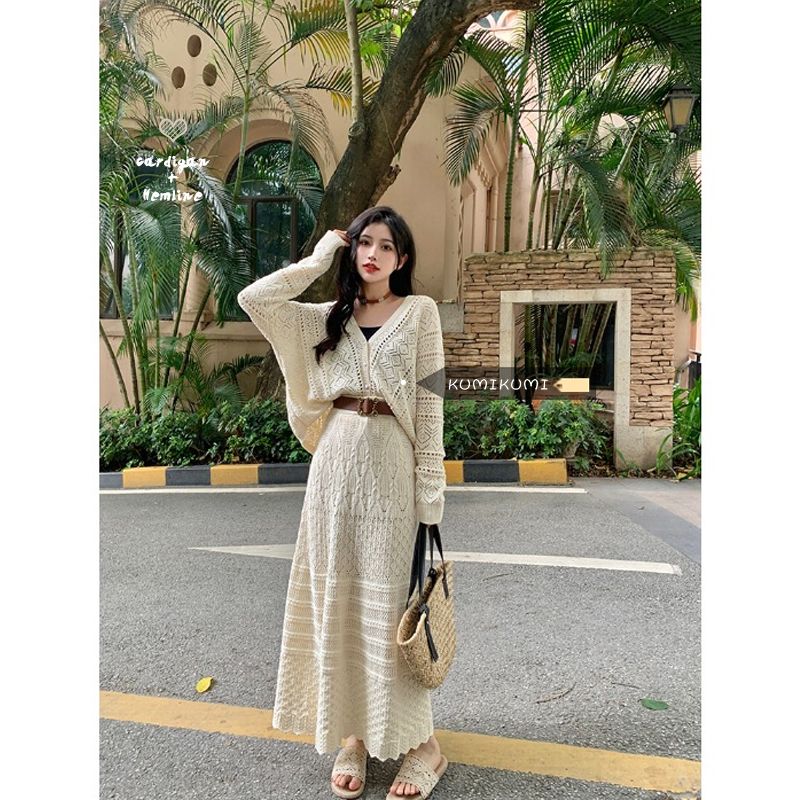 Lazy wind crochet hollow knitted cardigan jacket women's autumn high waist skirt fashion suit