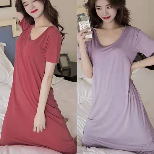 Pajamas women's loose plus-size short skirt nightdress chest pad one-piece jumpsuit plus-size pajamas mid-length buy one get one free