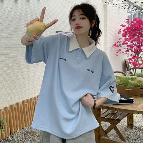 Summer waffle POLO collar short-sleeved t-shirt female students Korean version loose mid-length college style embroidery ins top