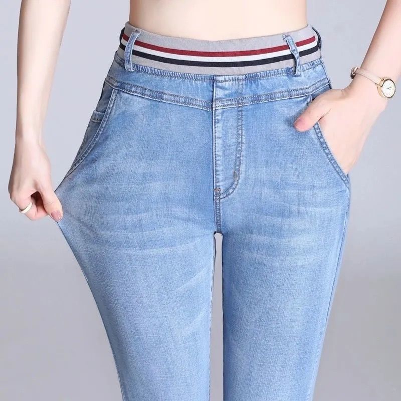 2023 new women's plus size jeans summer thin section elastic waist harem high waist nine points youth pencil pants tide