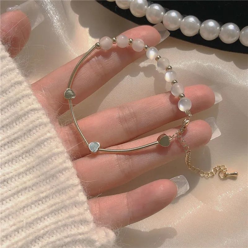 Opal peach heart splicing bracelet female high-end feeling ins niche design Korean wild bracelet gift girlfriend bracelet