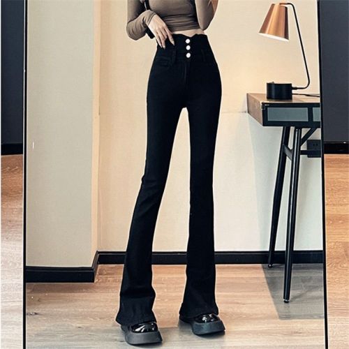 Ultra-high-waisted breasted autumn and winter micro-bell-bottomed pants for women