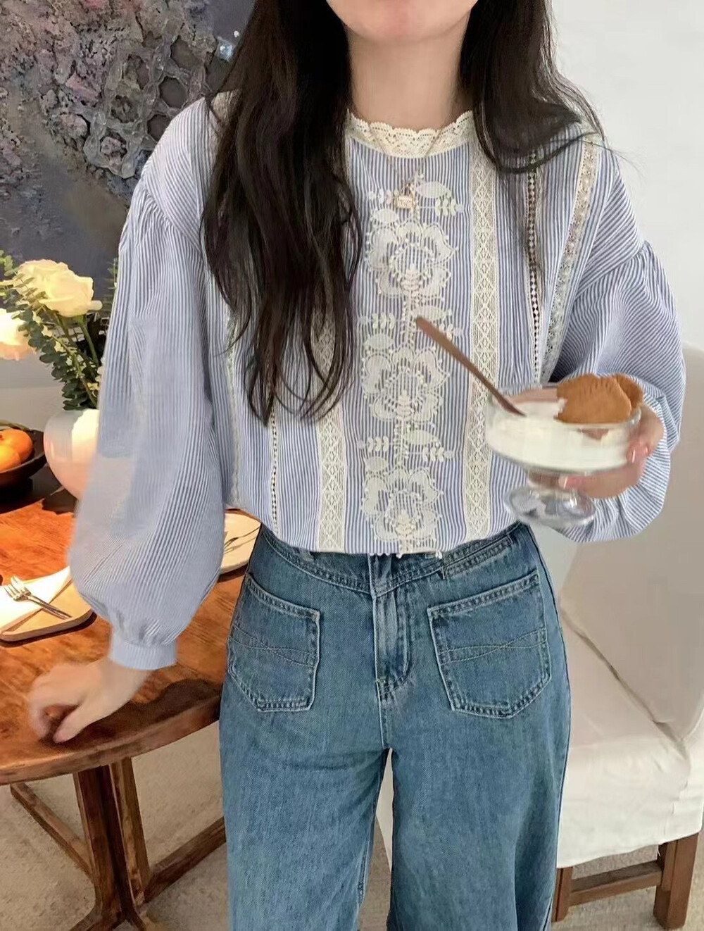 [OIT] Contrasting color striped round neck embroidered shirt 238887# HBX