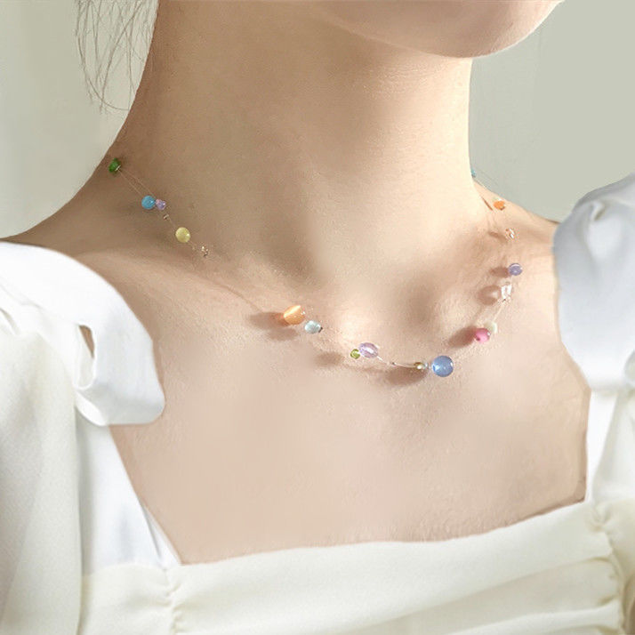 Summer Bohemia Dopamine Girls Fishing Line Opal Color Candy Color Beaded Gentle Clavicle Necklace