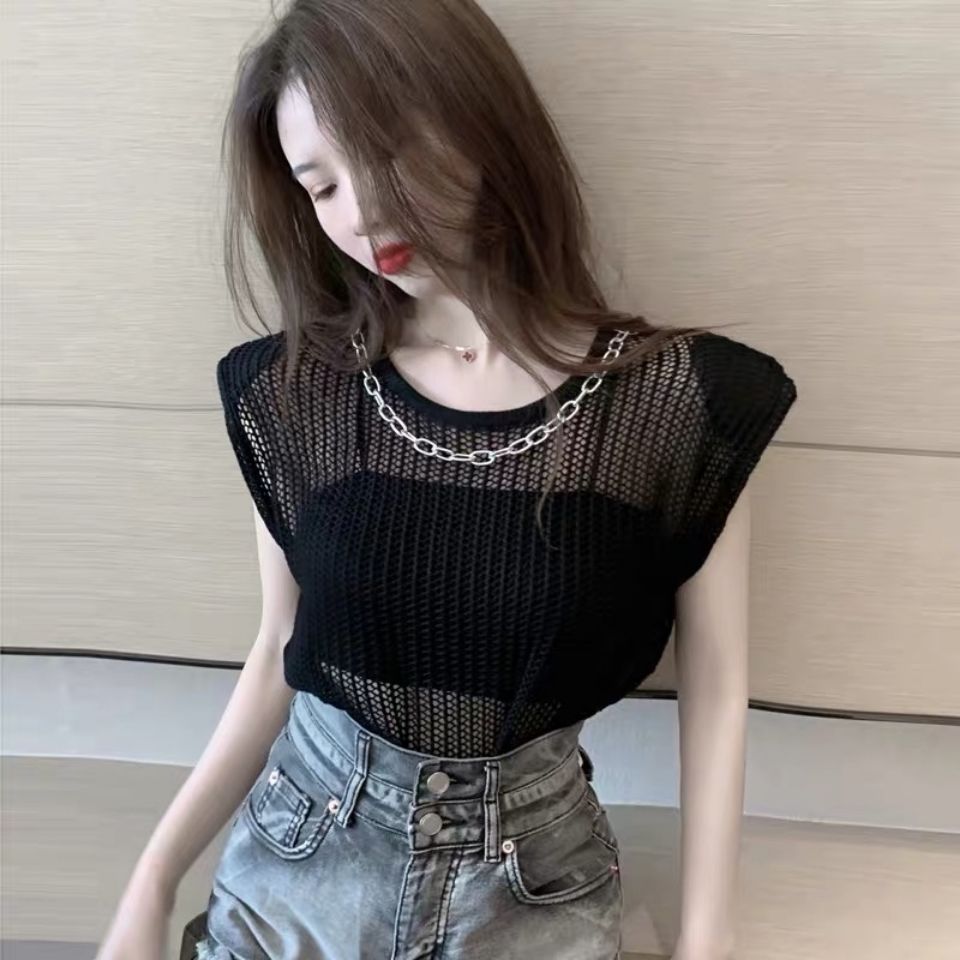 2023 new net red chain hollow vest female summer wear sleeveless T-shirt loose thin section sweater top tide