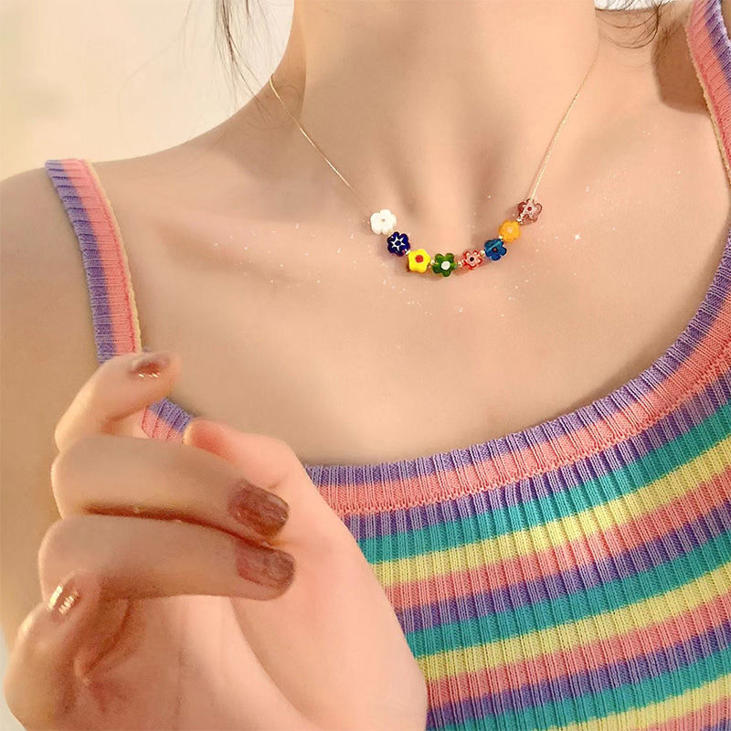 Colorful glazed flower beaded necklace women's summer sweet clavicle chain ins tide light luxury niche design sense of sweet and cool style
